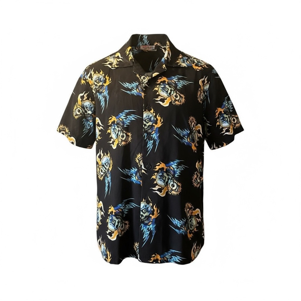 Vintage Y2K Xtreme Limit Button Up Short Sleeve Skull Flames Shirt